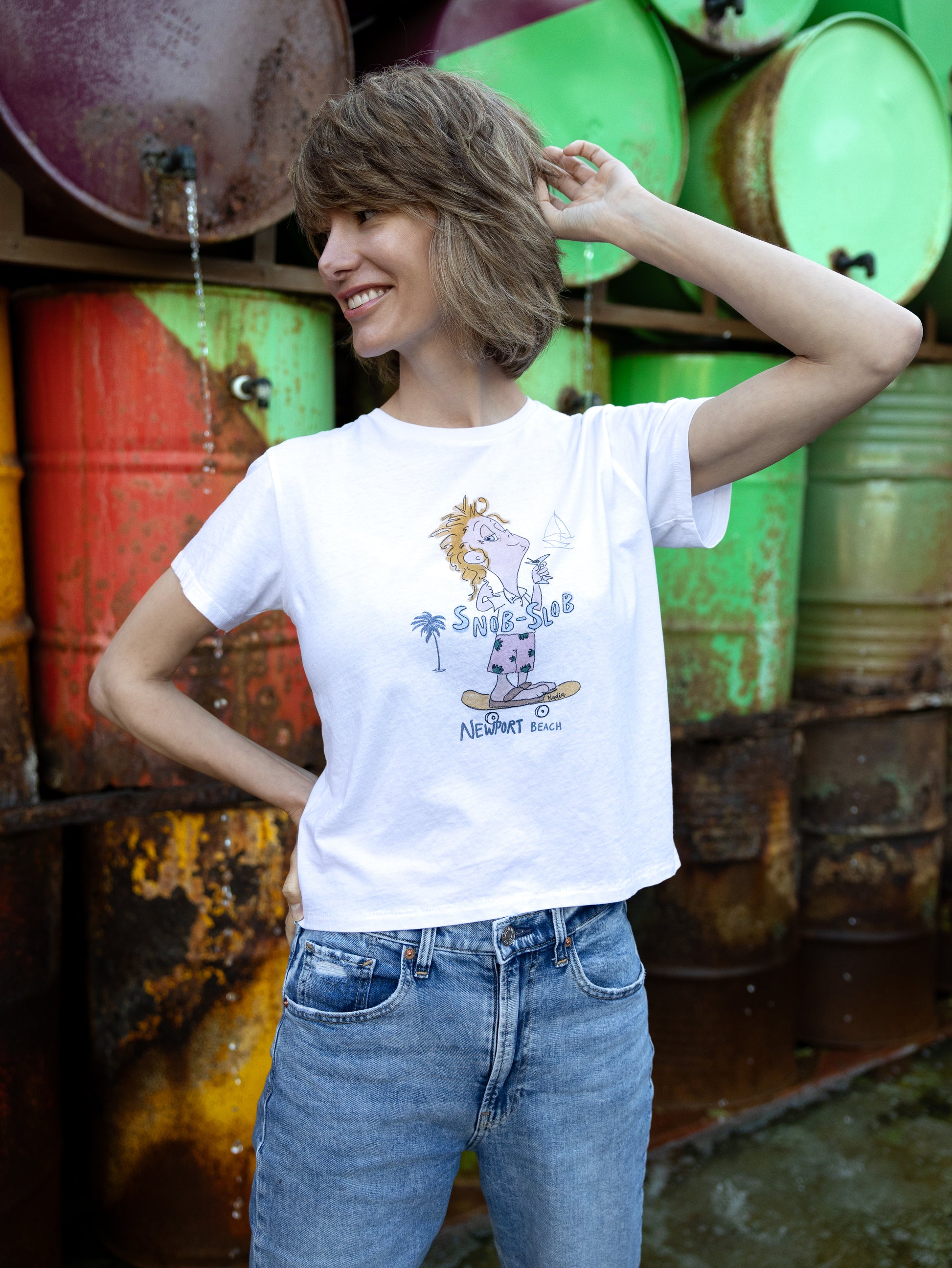 Snob Slob Newport Billy illustrated character graphic tee for women.  Newport Beach graphic Tee