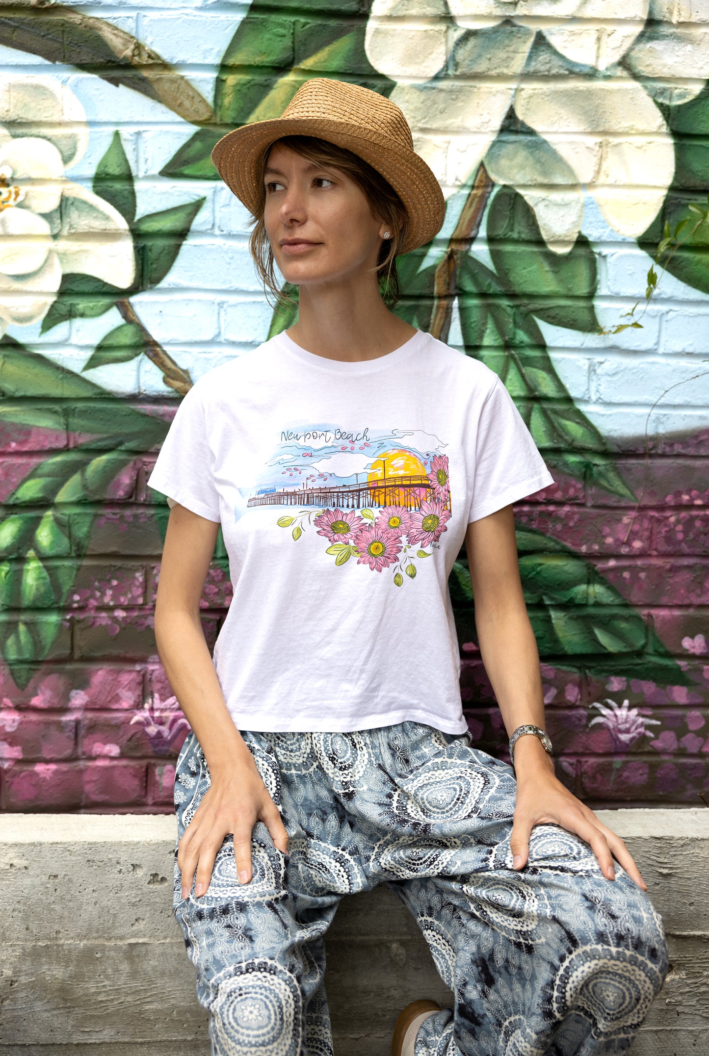 Floral illustration of Newport beach Pier graphic tee by Nadia Watts