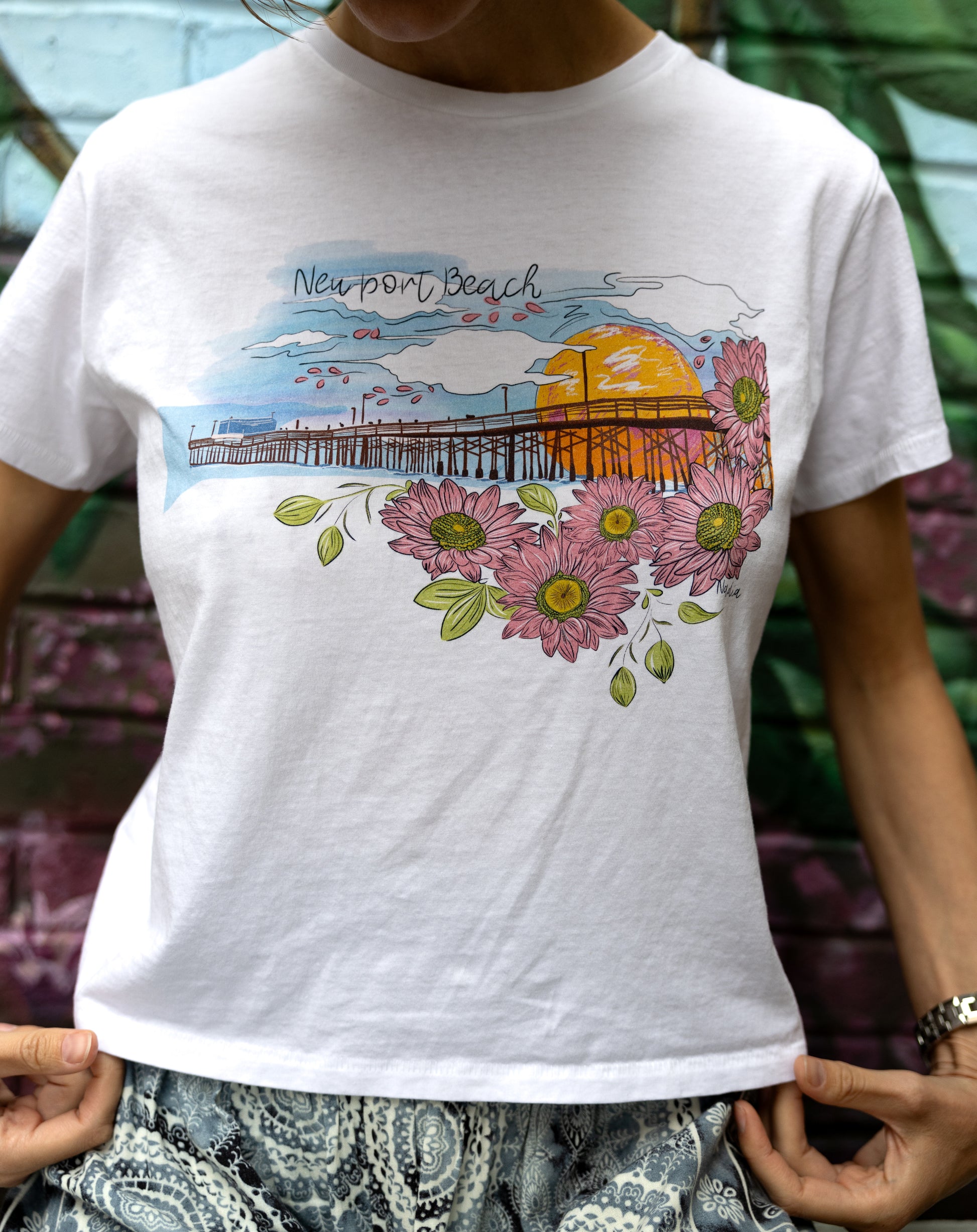 Newport Beach Pier illustrated graphic tee for women