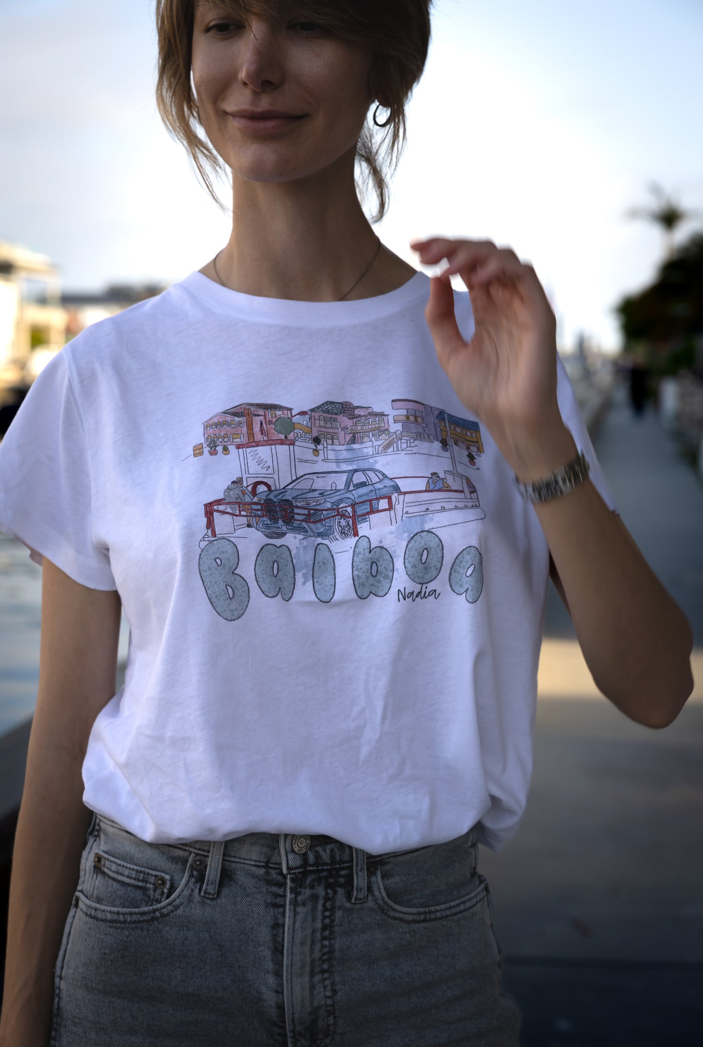 Balboa Island Ferry illustration on women's graphic tee.