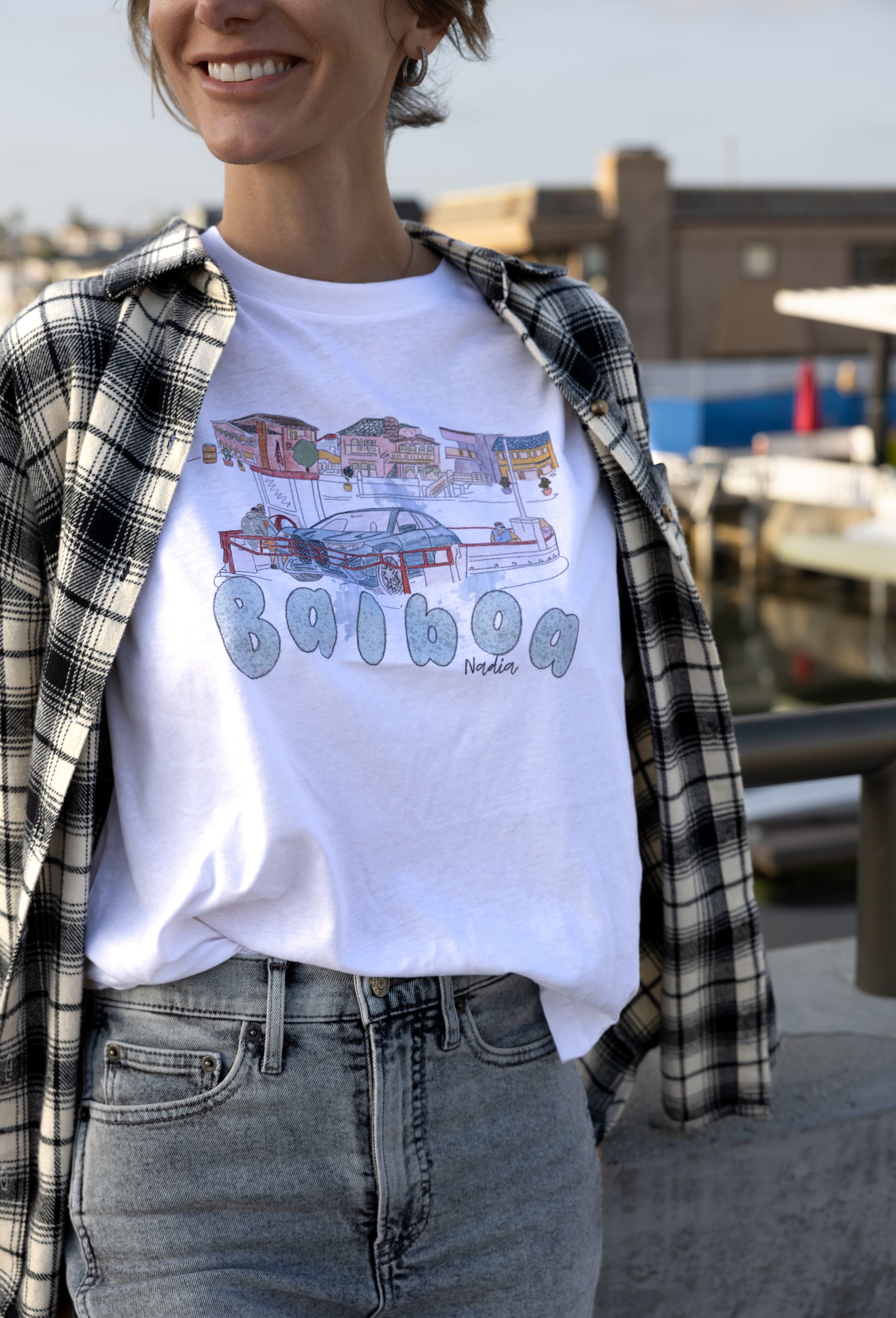 Balboa Island Ferry illustration on women's graphic tee.