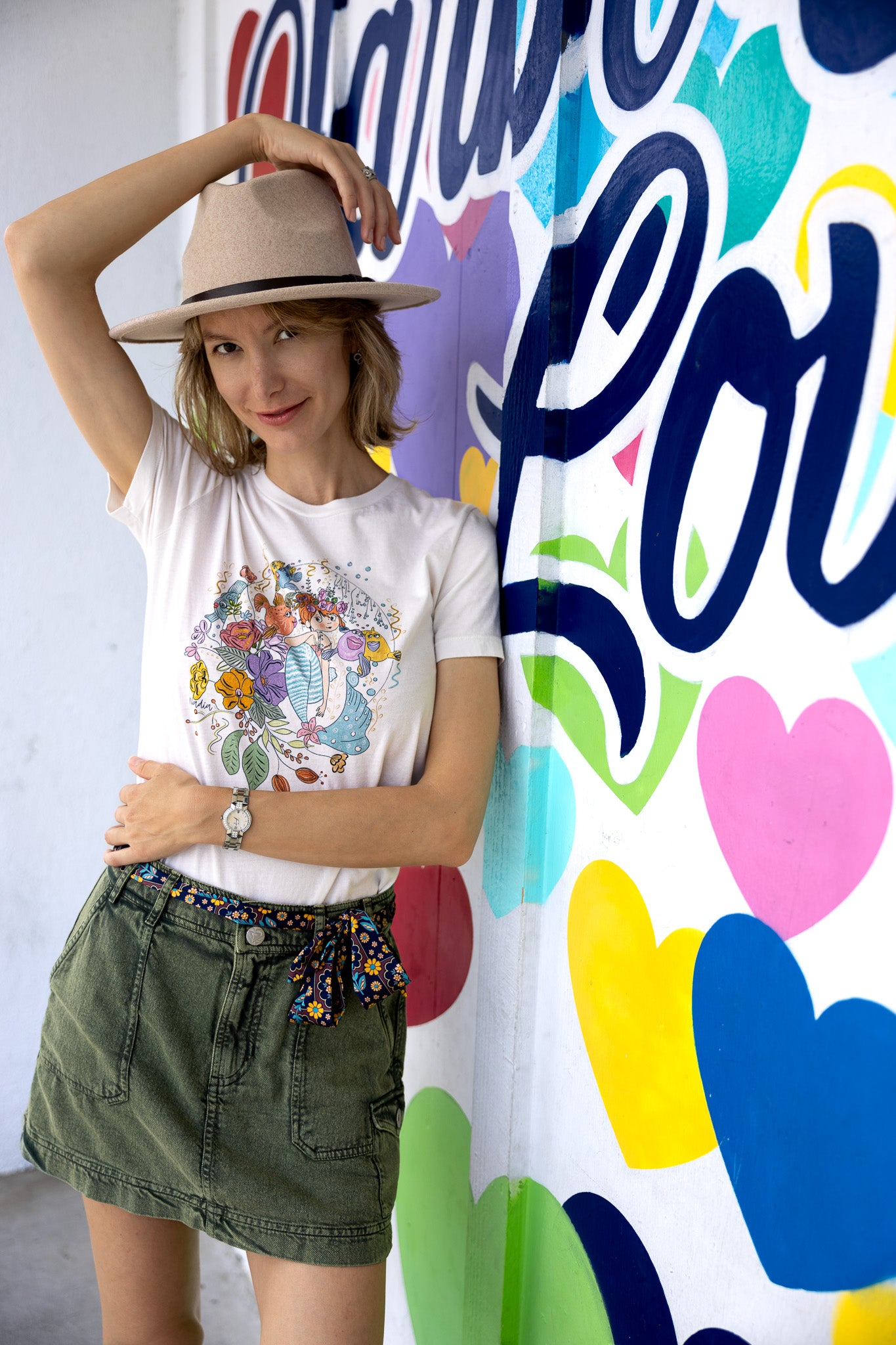 mermaid with cute fish friends handmade graphic t-shirt for women