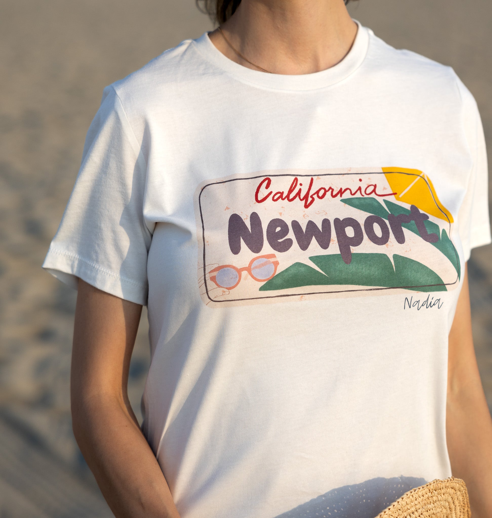 Handmade tee, artist-designed Newport, CA license plate illustration.