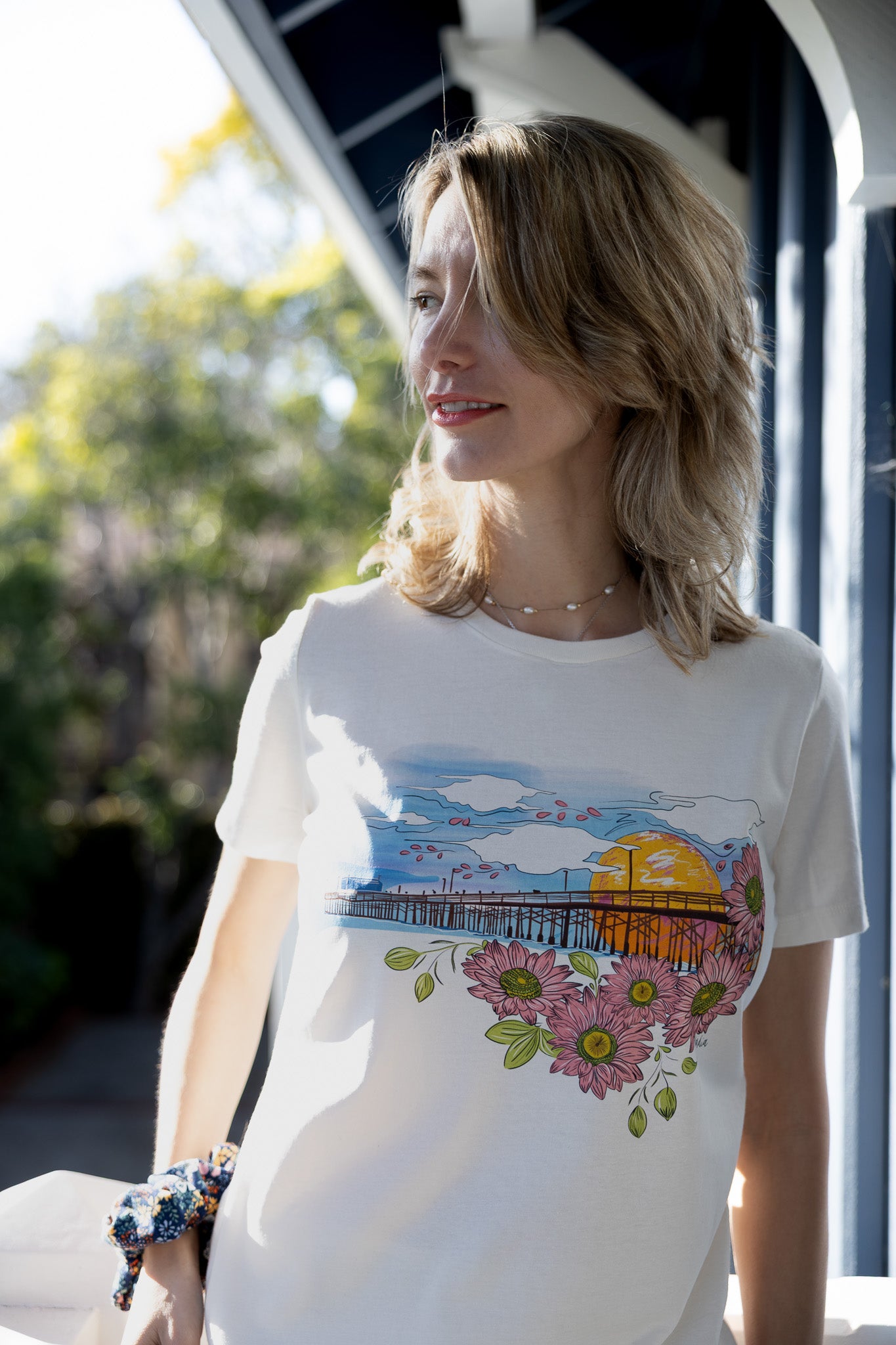 Newport Pier, California. Handmade, illustrated graphic tee for women who love Southern California beaches.
