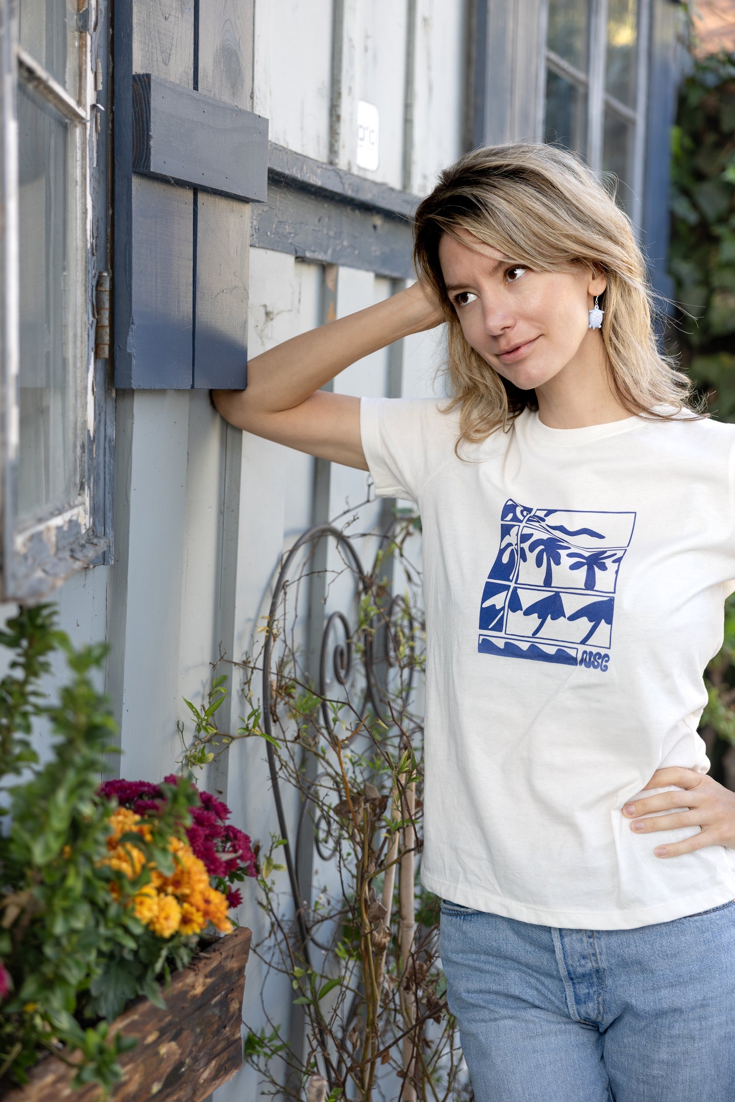 Blue Coastal Block Stylized Hand-Illustrated Women's Tee