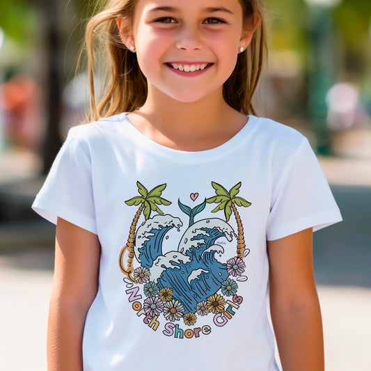 North Shore Girls and kids Wave and mermaid's tail Hawaiian graphic tee for toddler kids . Hawaii-themed clothing for kids