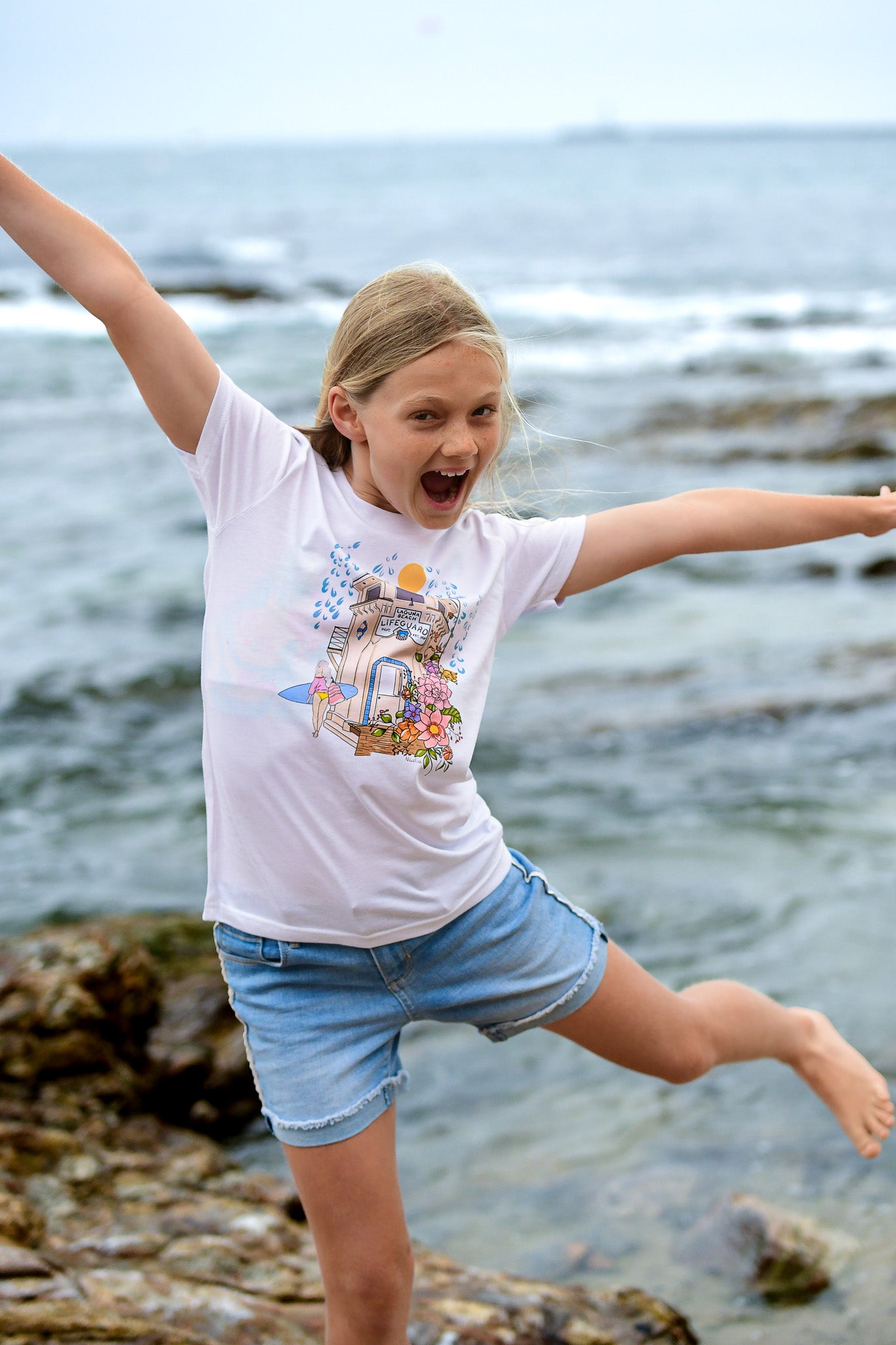Laguna Beach Lifeguard Tower Surf graphic tee for girls. North Shore Girls handmade tee collection
