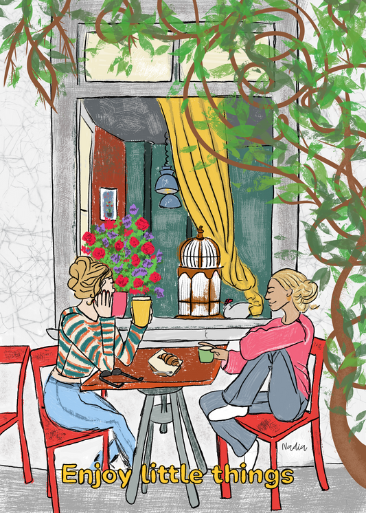 Digital illustration of two friends drinking coffee and talking at a cafe.. Illustrated by Nadia Watts