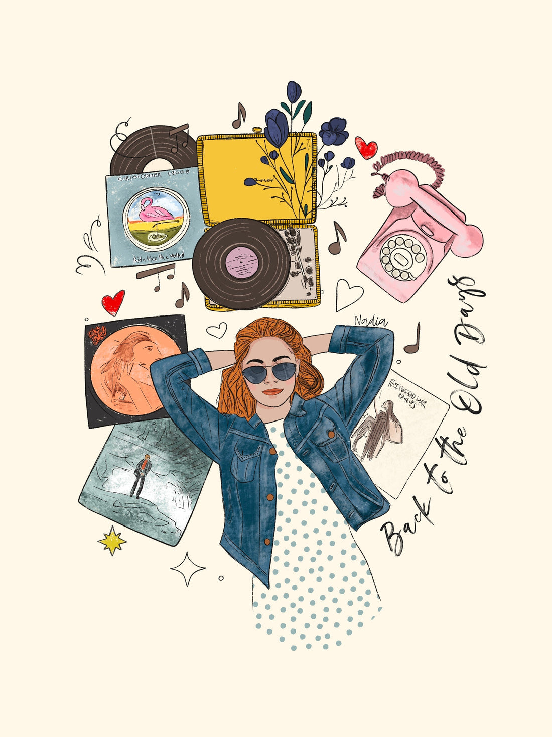 Retro inspired graphic featuring a girl listening to vinyl music, next to an old dial phone. Illustrated by Nadia Watts for North Shore Girls