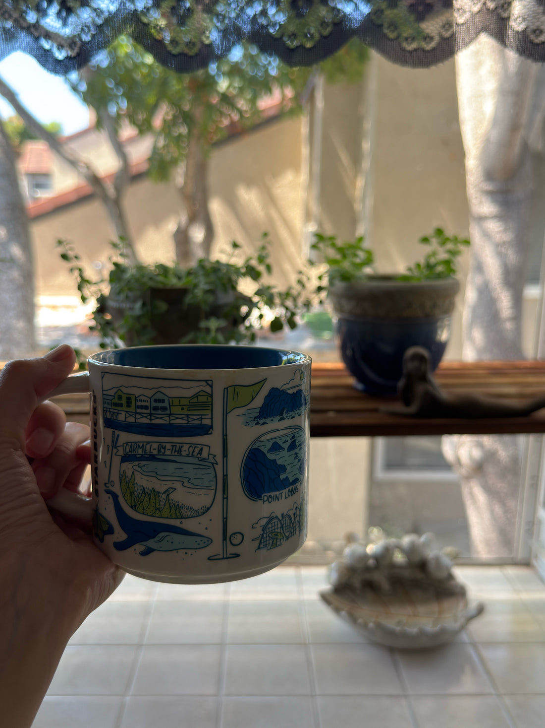 A cup of coffee next to kitchen plants