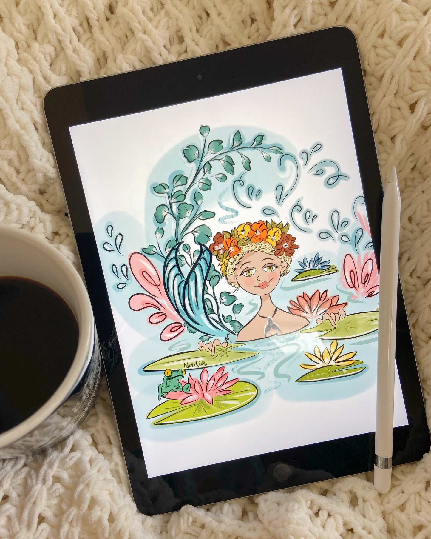 Mermaid among water lilies graphic art by Nadia Watts