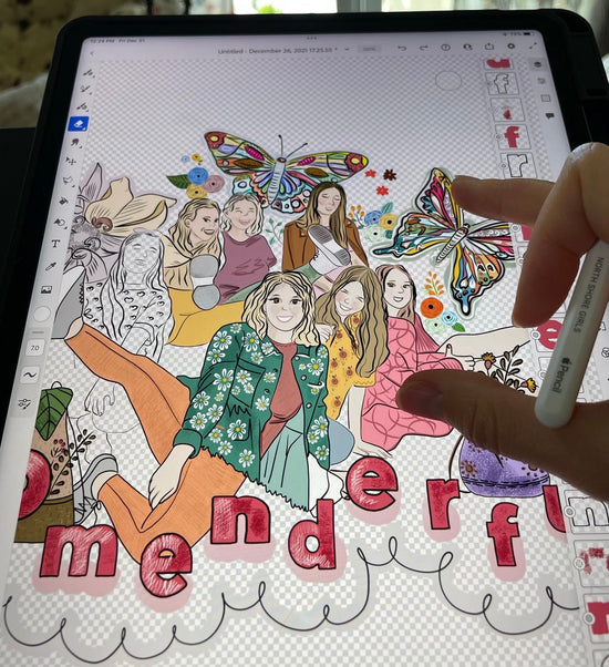 Load image into Gallery viewer, Womenderful drawing process. Women butterflies and flowers empowering graphic design by Nadia Watts

