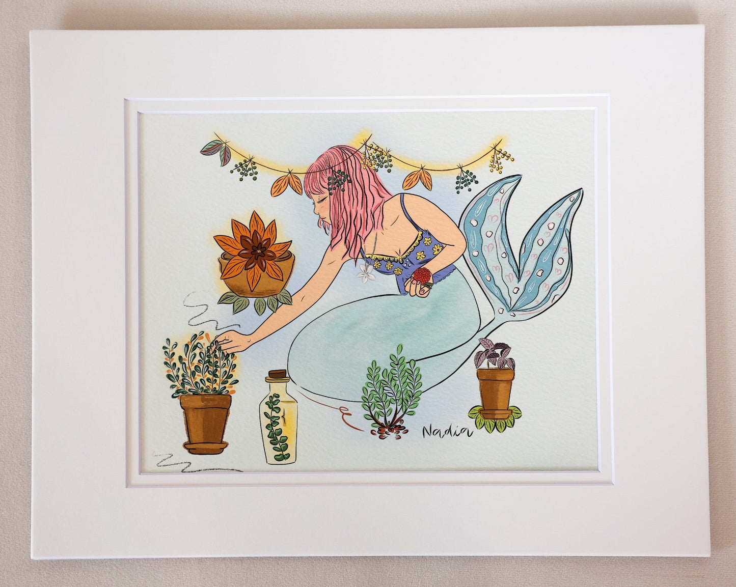 Hand-drawn matted art print. Mermaid with pink hair who grows potted plants