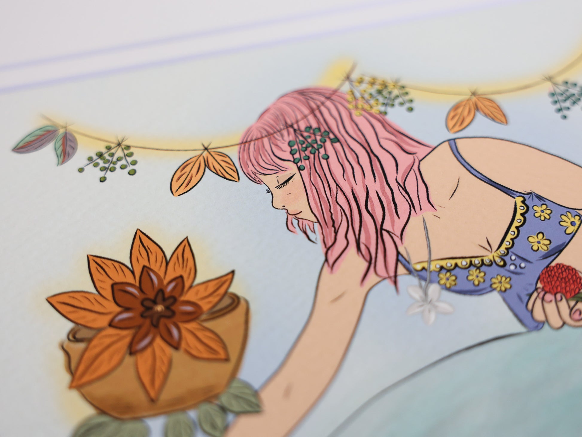 mermaid with pink hair illustrated art print by Nadia Watts