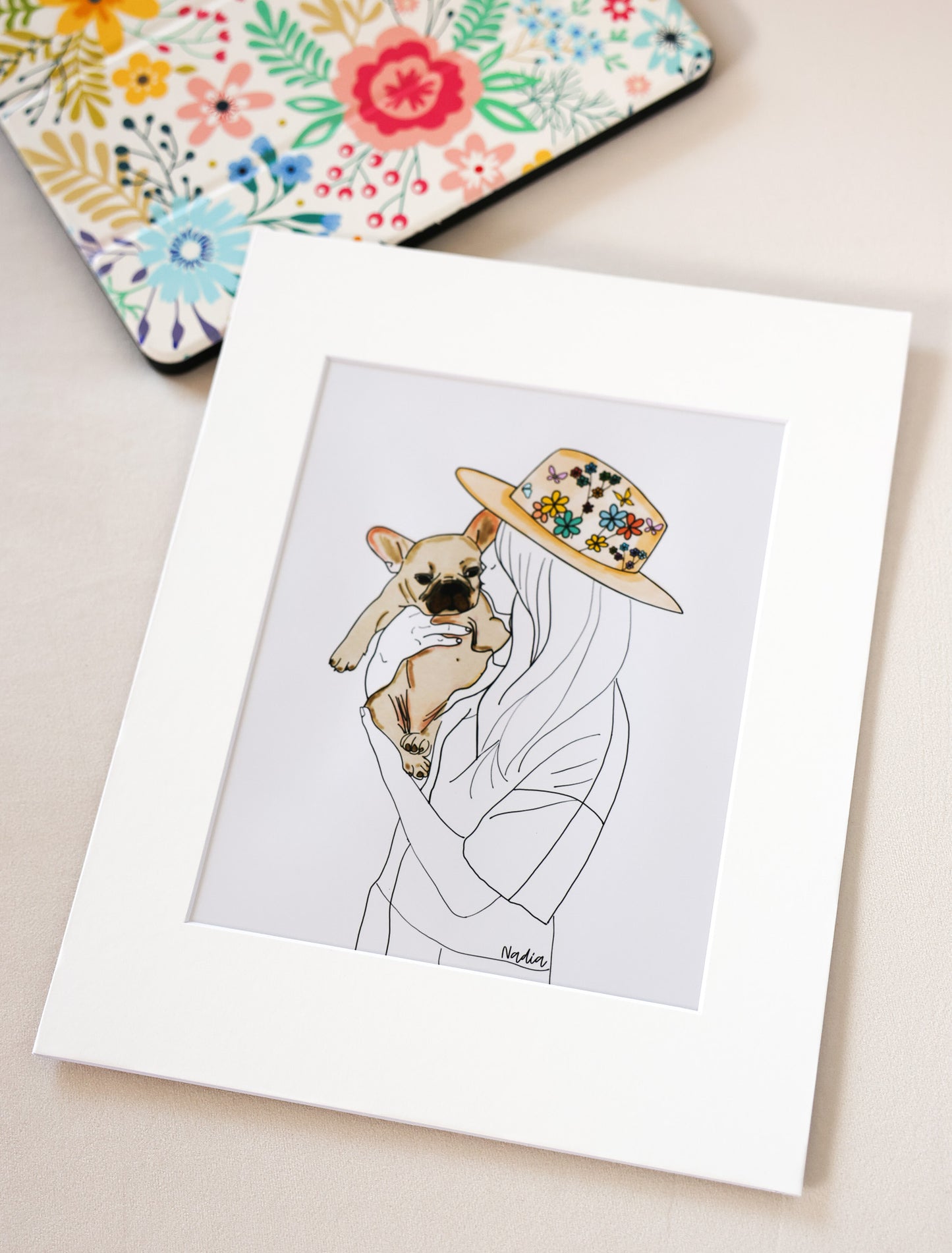 Woman is kissing her cute frenchie illustrated art print