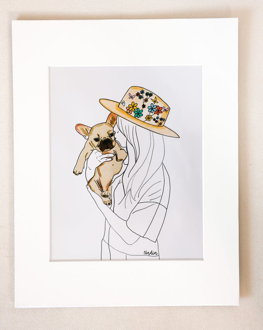 girl kissing her baby frenchie. French bulldog puppy hand-drawn matted  art print