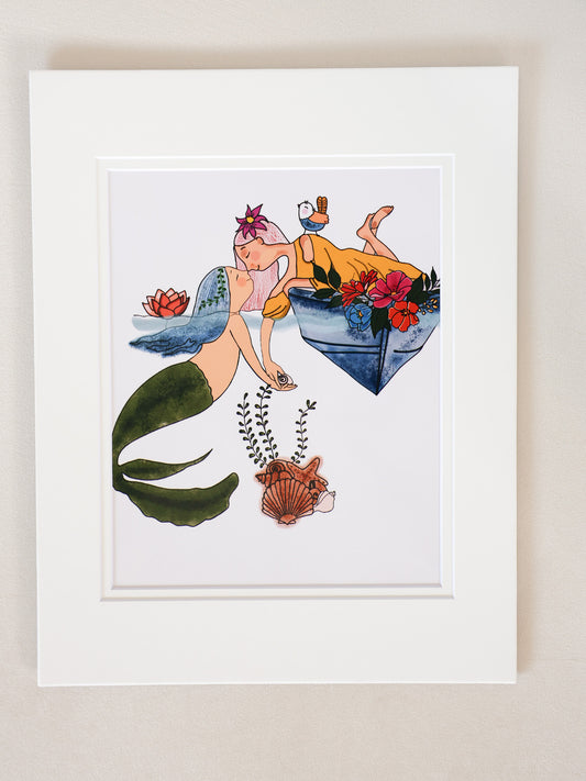 Girls friends. mermaid and human friendship art print. Illustrated artwork
