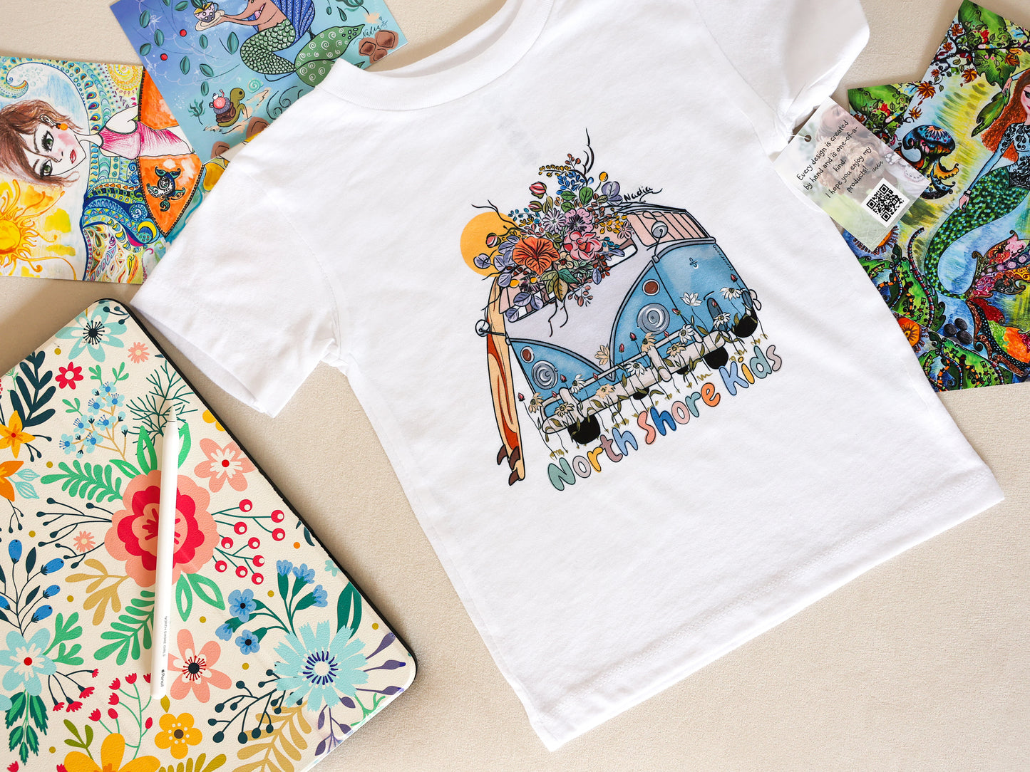 Illustrated surf bus t-shirt for kids by Nadia Watts. North Shore Kids