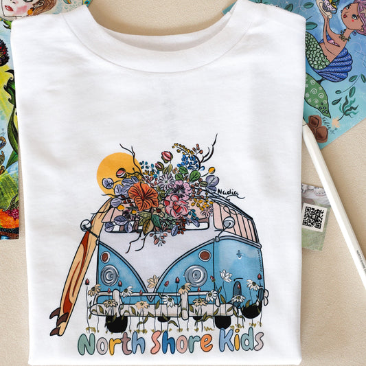 North Shore Girls and Kids Handmade illustrated surf style t-shirt for small kids