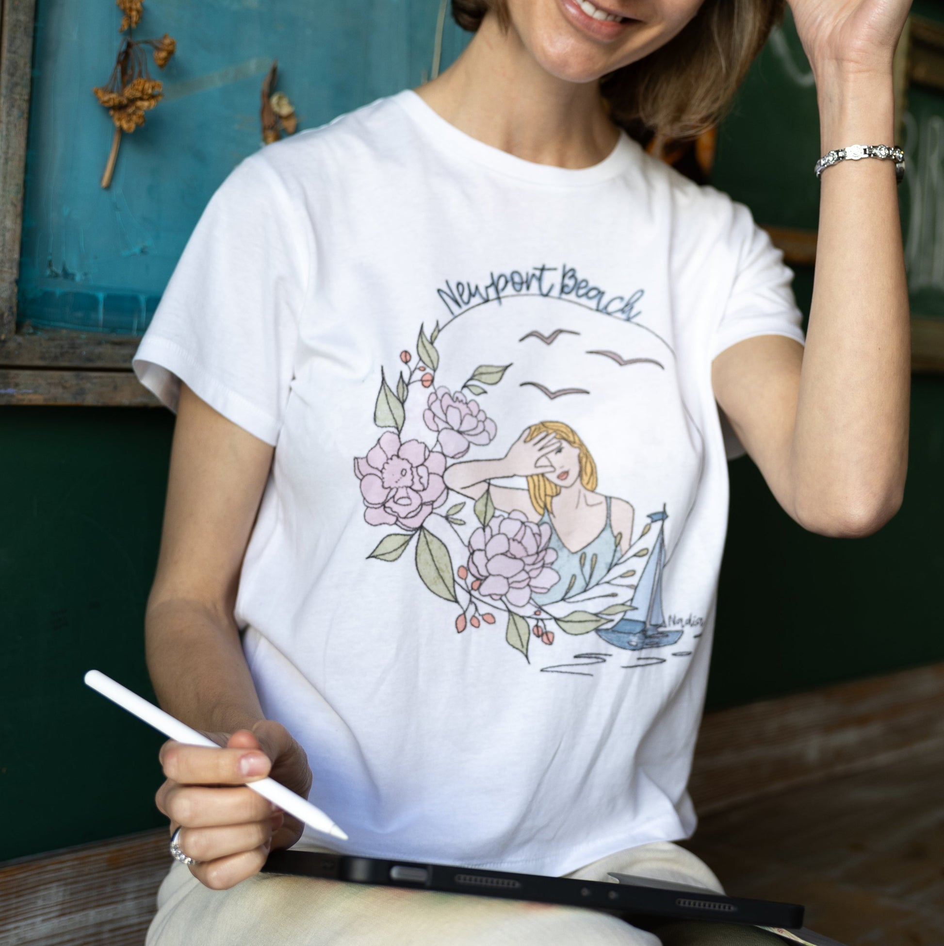 Newport Beach California Floral illustrated graphic tee for women