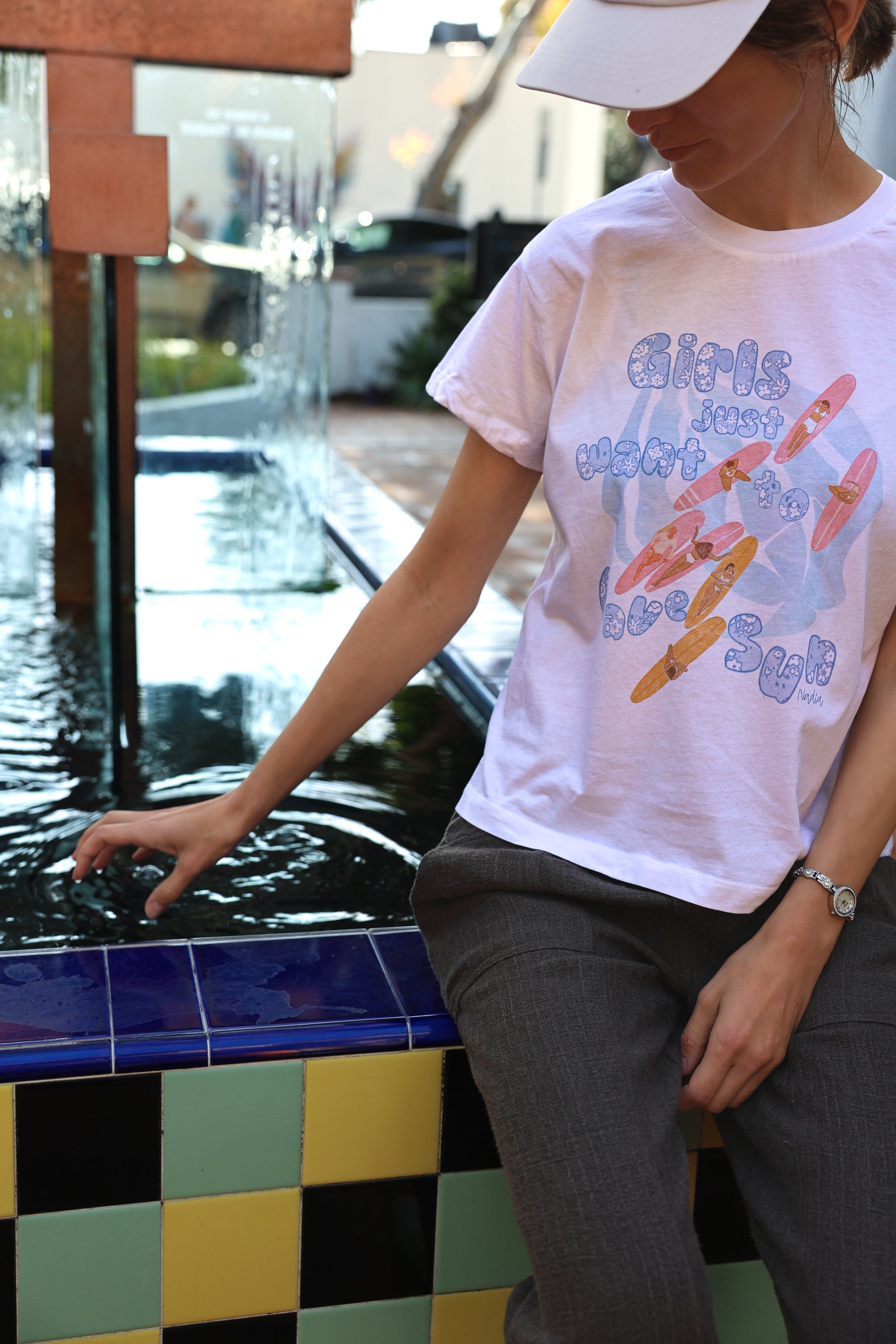 Girls Just Want to Have Sun Surfer Girls on surfboards illustrated graphic tee by Nadia Watts