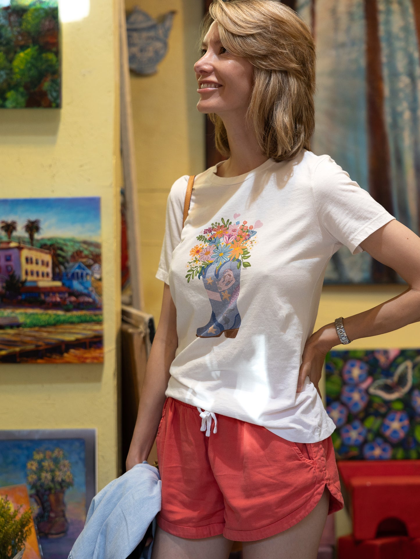 Cowgirl Mermaid illustration tee, women's relaxed fit with mermaid & flower design.