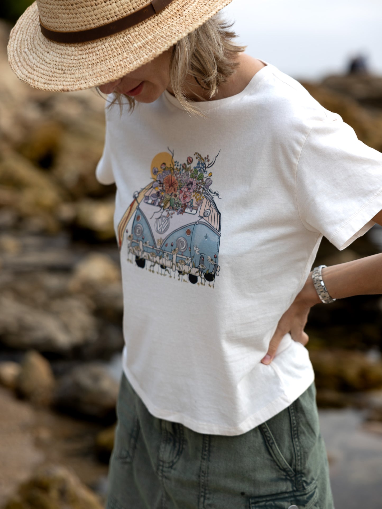 surf bus with floral details and a surf board illustrated graphic tee for women by Nadia