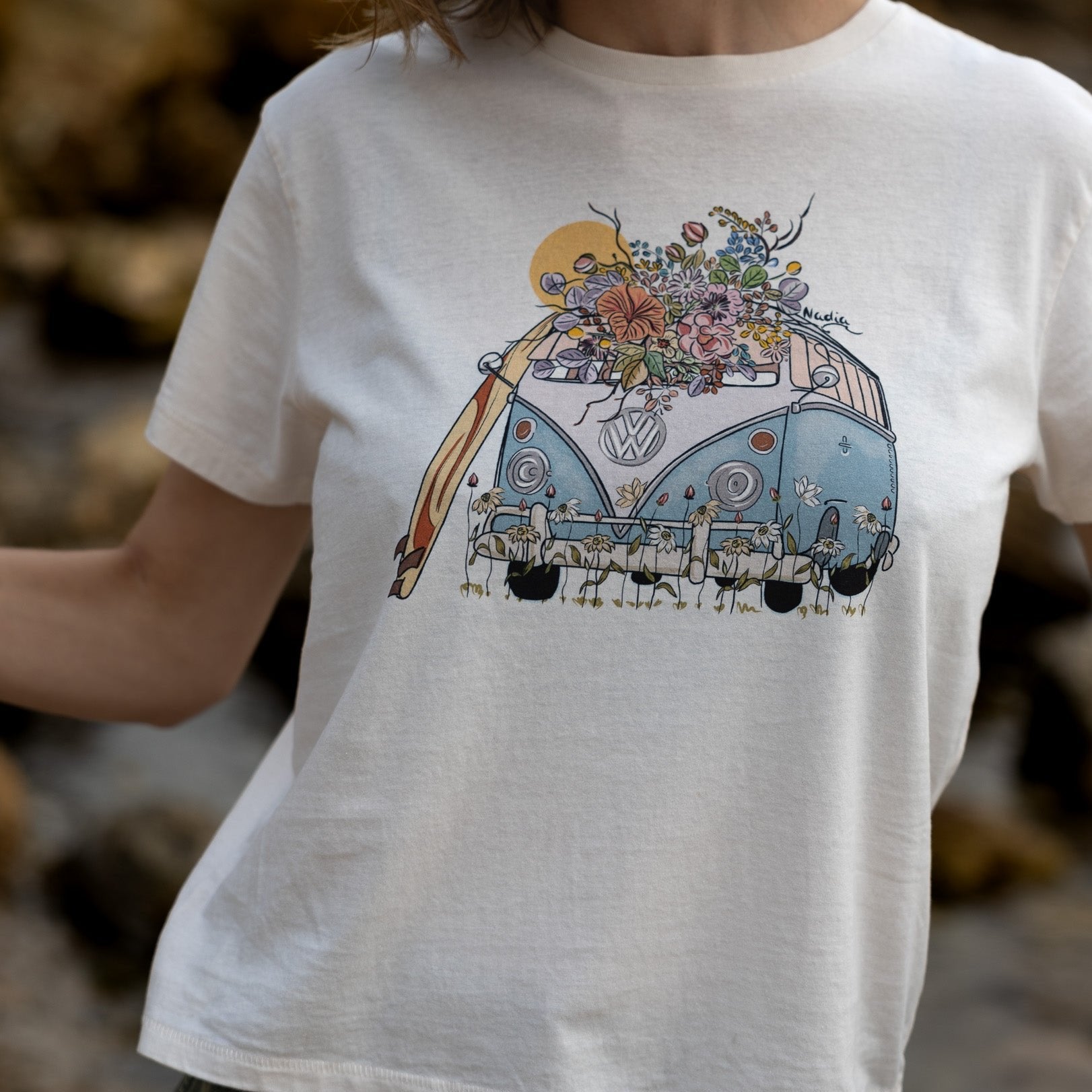 Surf Bus illustrated by Nadia Watts. Graphic Tee for women
