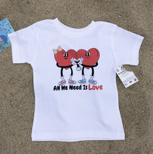 all we need is love two heart friends holding hands handmade illustrated tee for kids