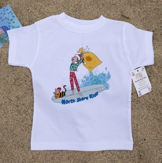 Christmas surfing girl toddler t-shirt, Surfing Santa's Helper graphic tee, North Shore Kids, soft cotton, colorful illustration