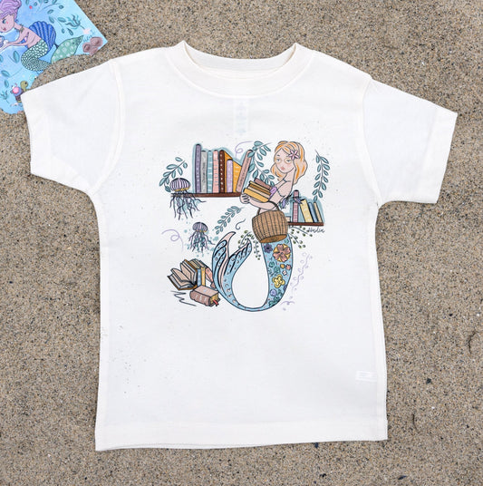 Illustrated mermaid holding books toddler t-shirt, Learn Dream Dive graphic tee, soft cotton, pastel colors