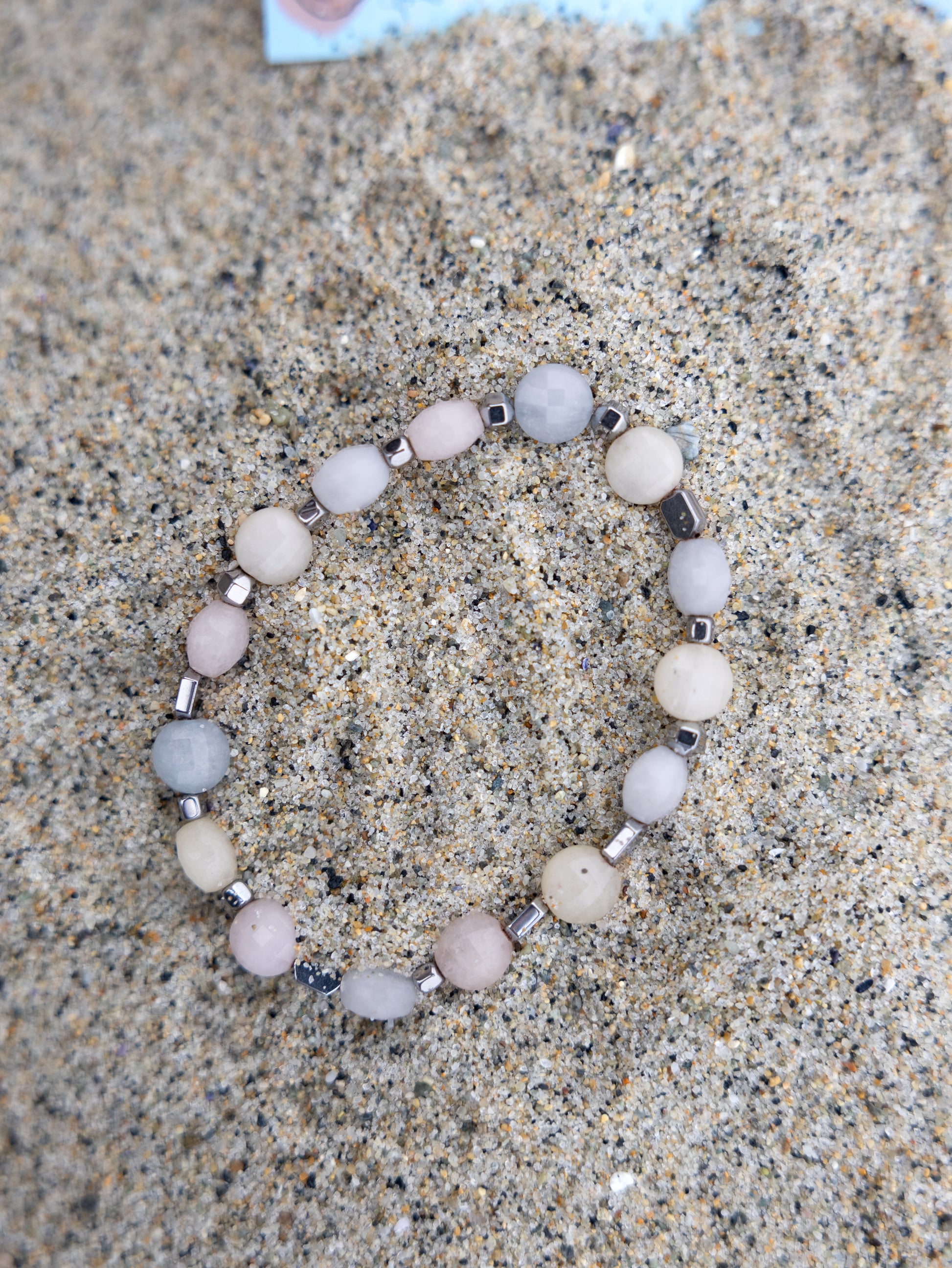 Coastal Breeze Bracelet, one-of-a-kind, pastel colors, beachy elegance, silver accent beads, elastic string