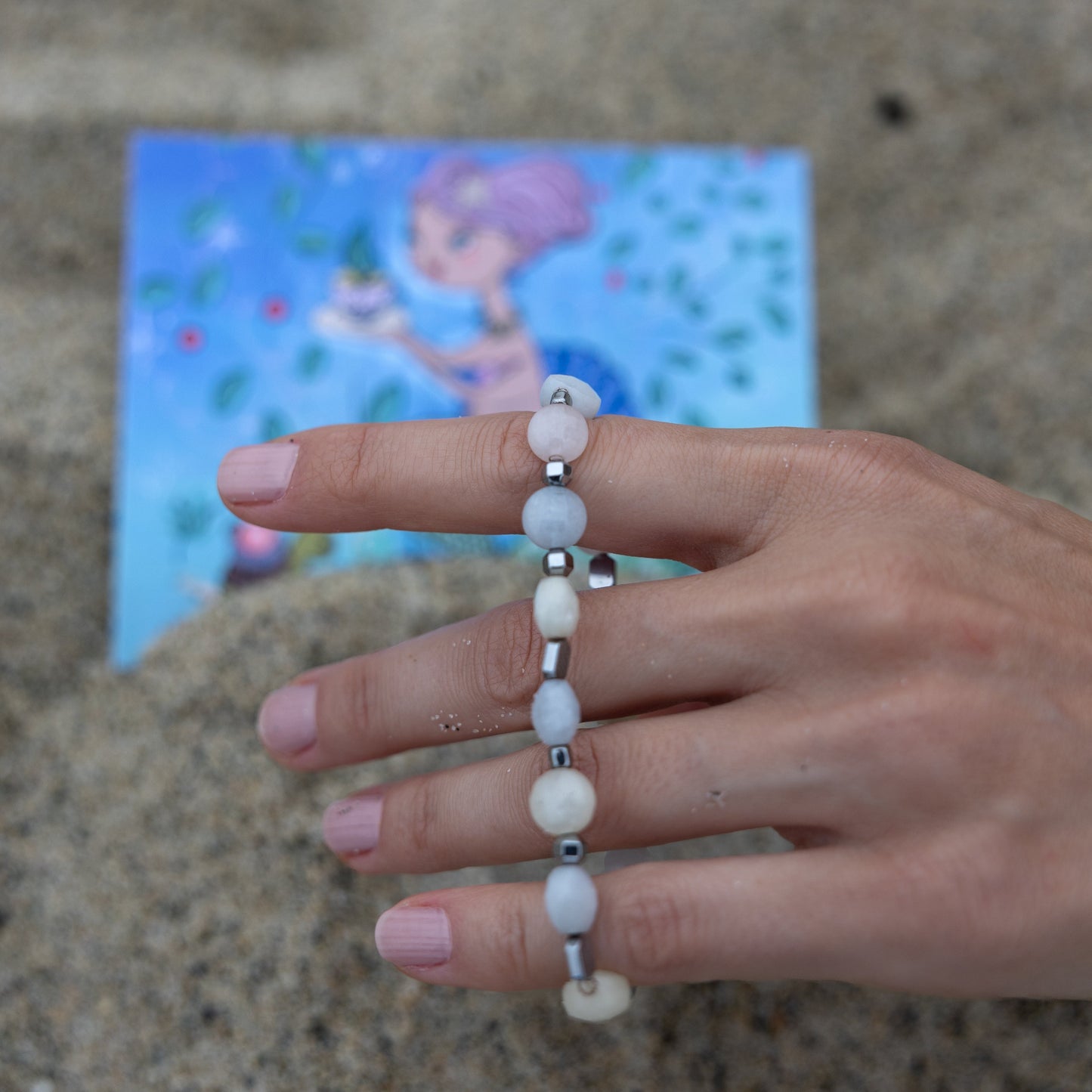 Coastal Breeze Bracelet, one-of-a-kind, pastel colors, beachy elegance, silver accent beads, elastic string