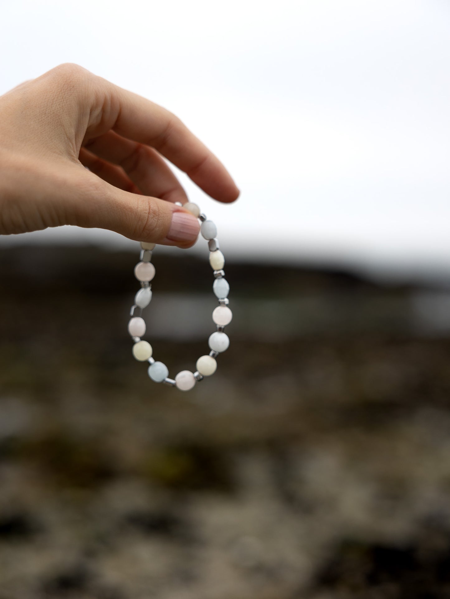 Coastal Breeze Bracelet, one-of-a-kind, pastel colors, beachy elegance, silver accent beads, elastic string