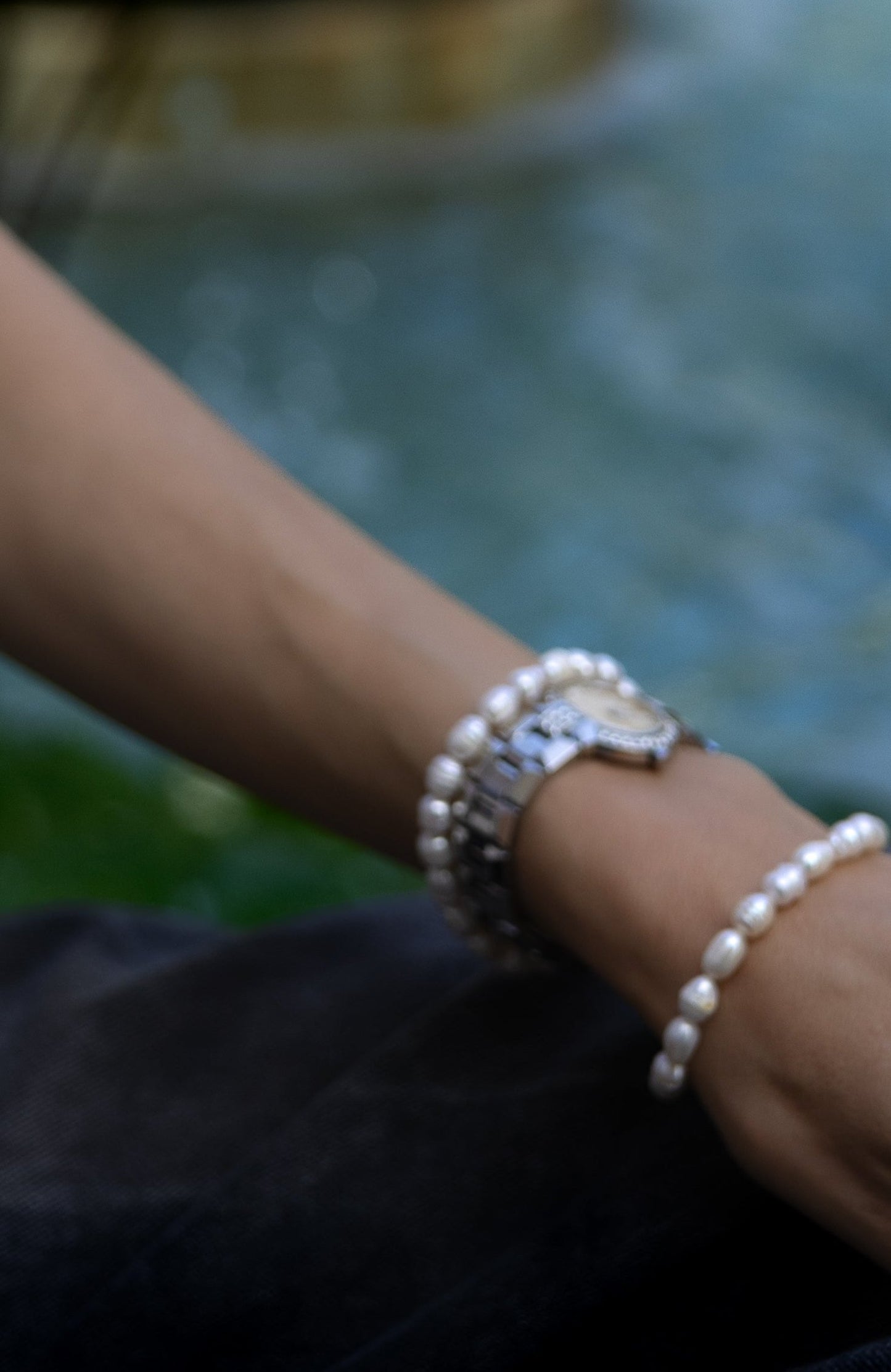 Cultured Oval Pearl Bracelet, handmade, coastal chic, simple elegance, stretch string