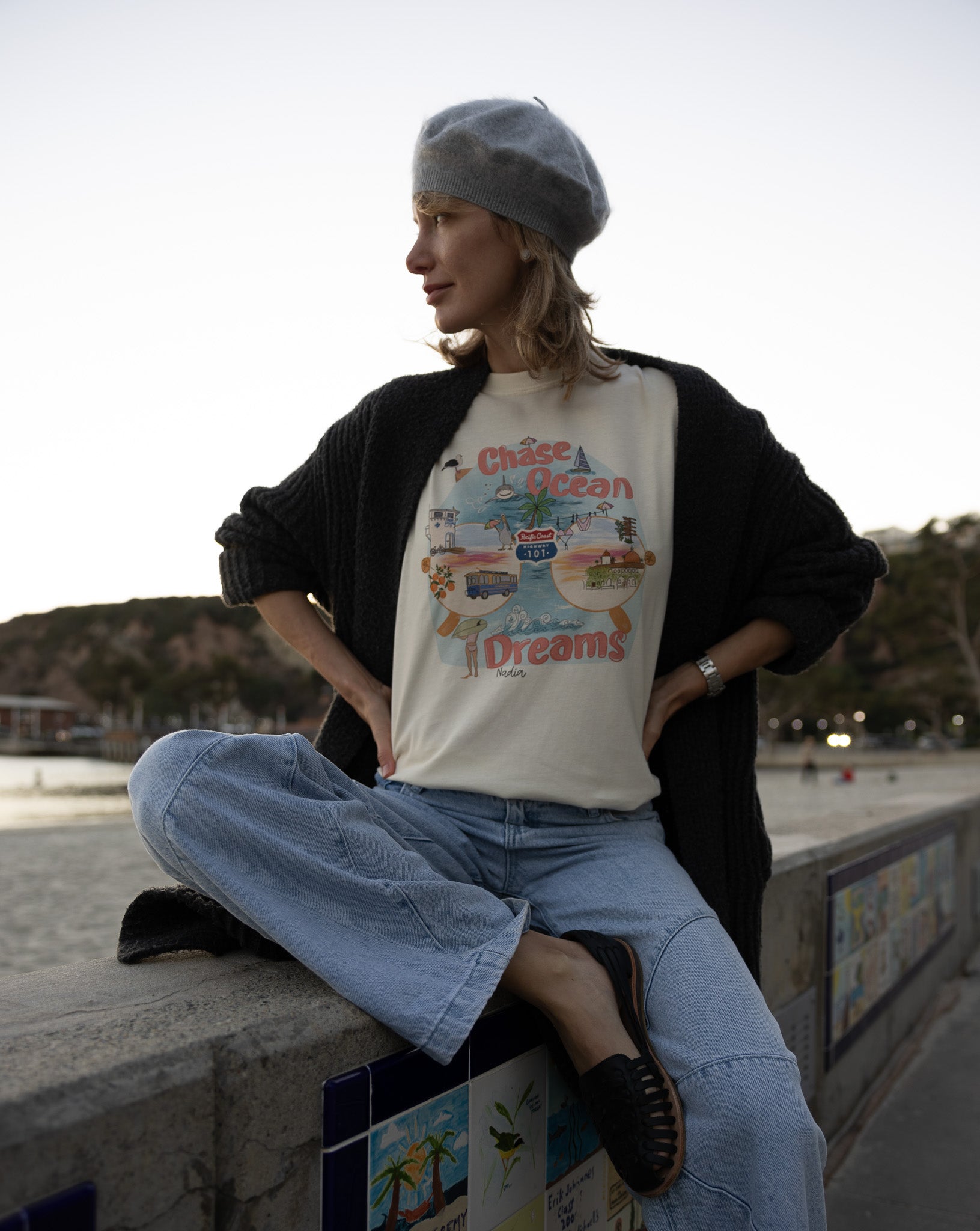 Chase Ocean Dreams graphic tee, Southern California Pacific Coast Highway illustration, soft cotton, women's fit, made in SoCal