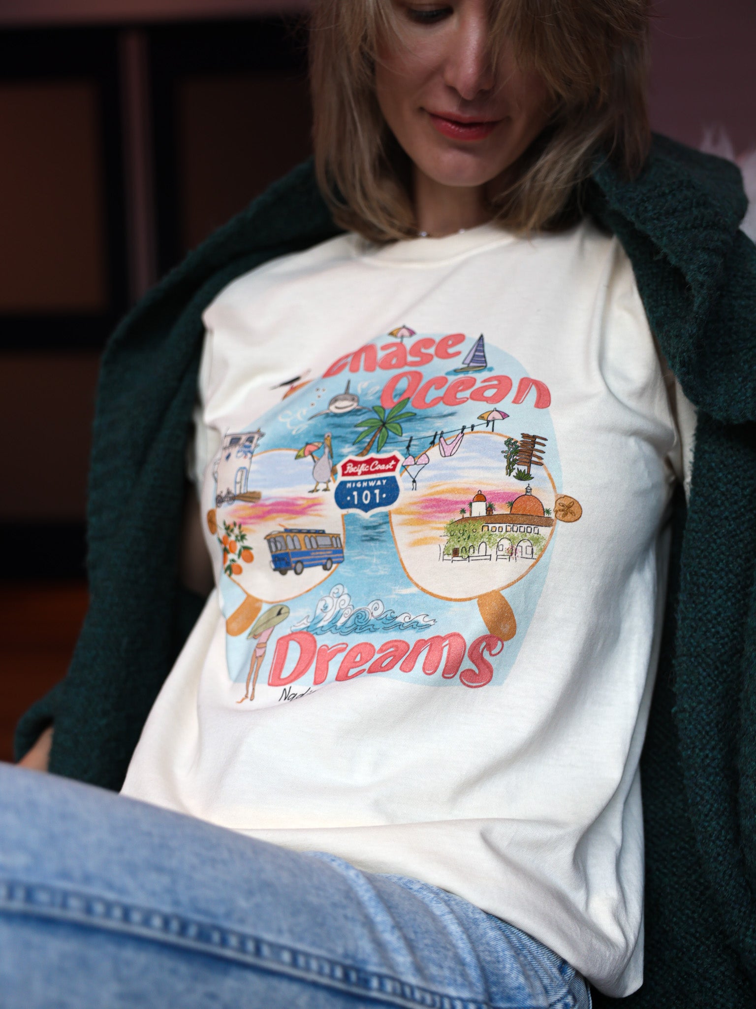 Chase Ocean Dreams graphic tee, Southern California Pacific Coast Highway illustration, soft cotton, women's fit, made in SoCal