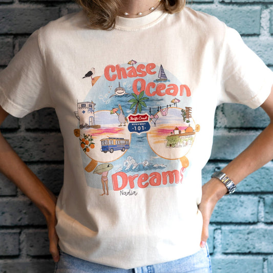 Chase Ocean Dreams graphic tee, Southern California Pacific Coast Highway illustration, soft cotton, women's fit, made in SoCal