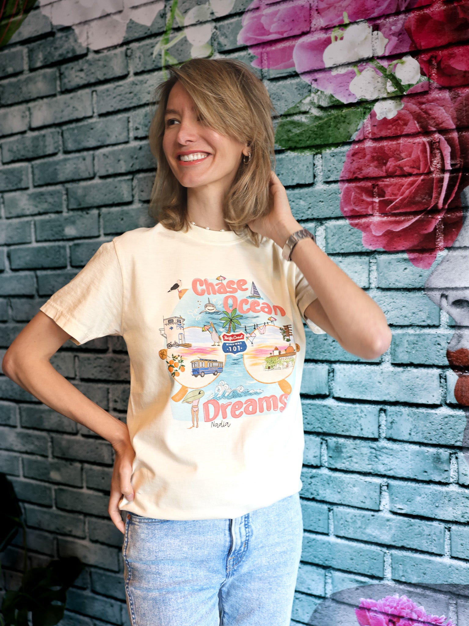 Chase Ocean Dreams graphic tee, Southern California Pacific Coast Highway illustration, soft cotton, women's fit, made in SoCal