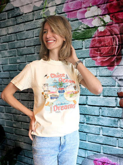 Artist‑illustrated Pacific Coast Highway scene on a soft cotton tee – SoCal vibe