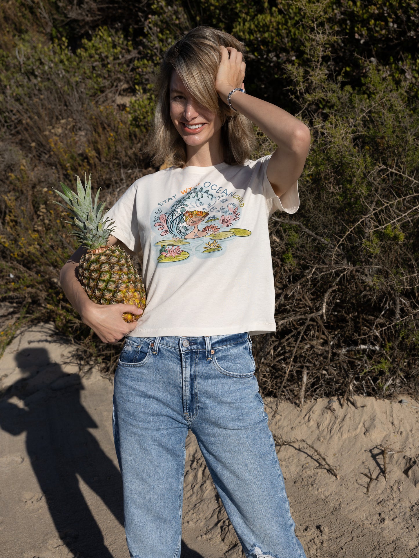 Mermaid graphic tee, hand-illustrated design, water lilies. Handmade shirt for women who love the ocean