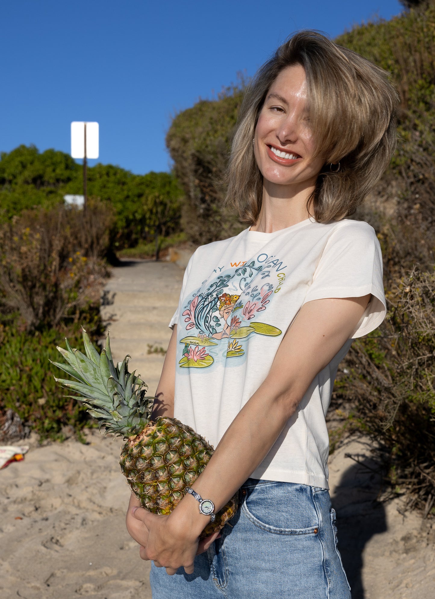 Mermaid graphic tee, hand-illustrated design, water lilies. Handmade shirt for women who love the ocean