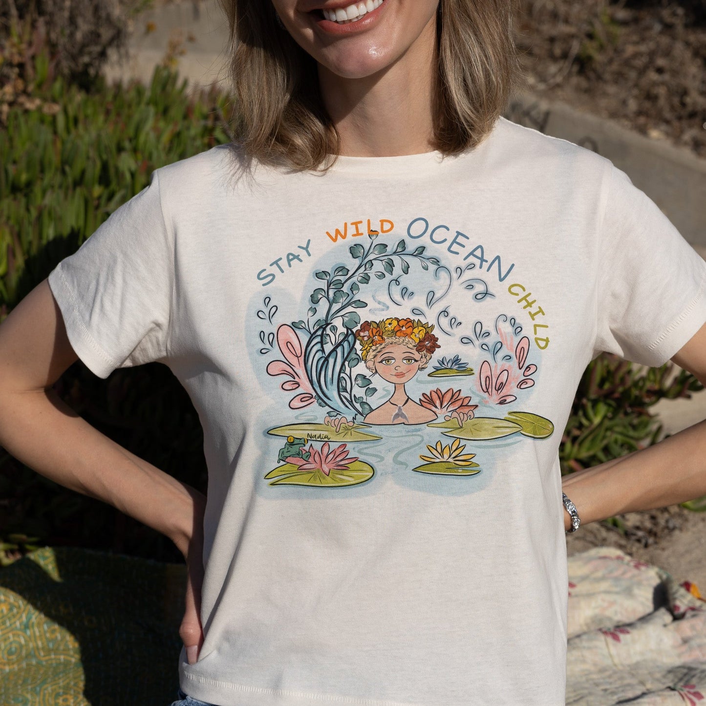 Mermaid graphic tee, hand-illustrated design, water lilies. Handmade shirt for women who love the ocean