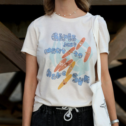 Girls Just Want to Have Sun illustrated graphic tee for women