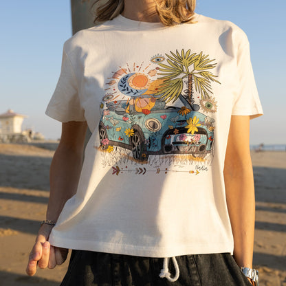 Hand‑drawn Mini Cooper with beach and bohemian accents on a soft cotton relaxed‑fit women’s tee