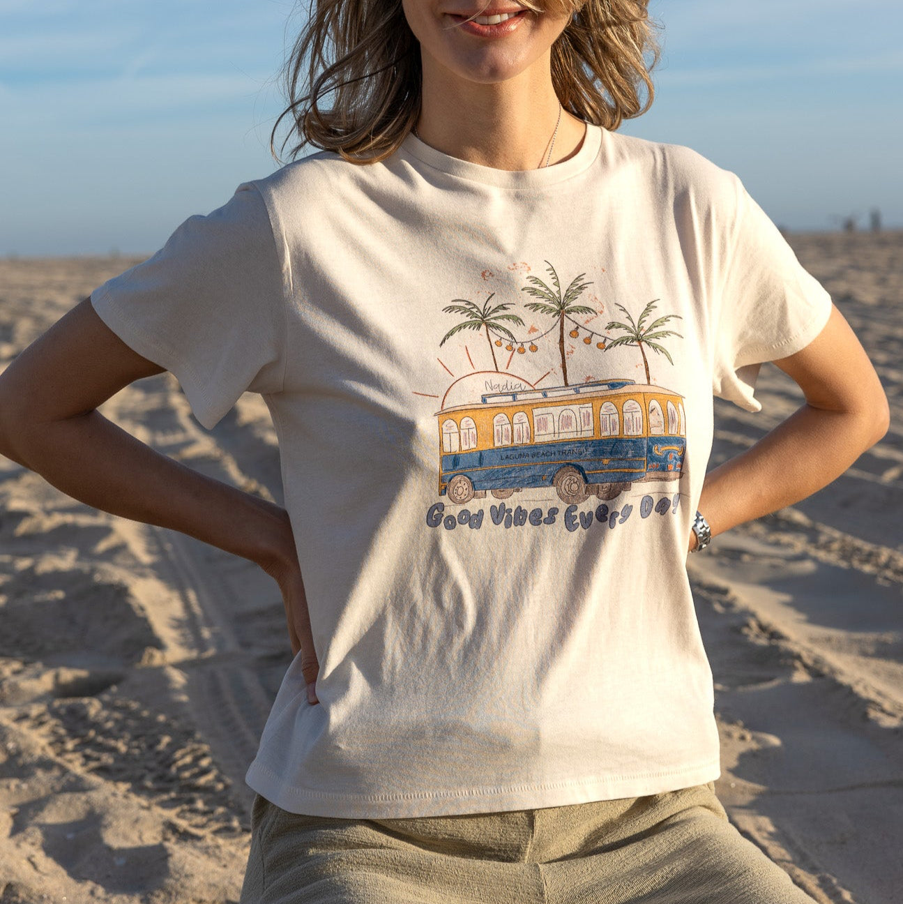 'Good Vibes Every Day ' handmade illustrated tee featuring Laguna Beach trolley