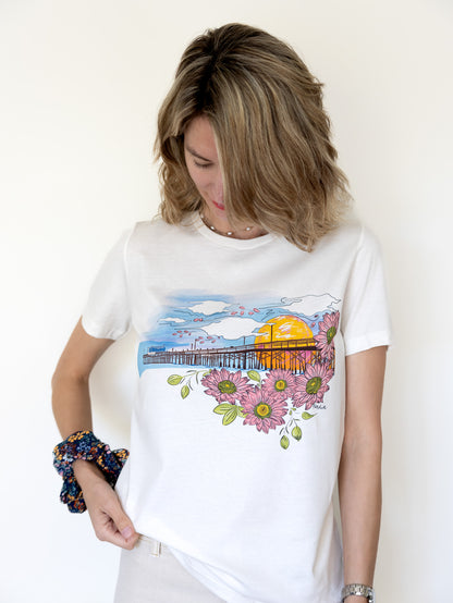 Newport Pier, California. Handmade, illustrated graphic tee for women who love Southern California beaches 