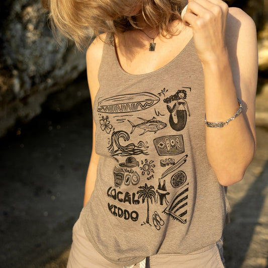 Sun-kissed sand colored tank top with linoleum block-printed Southern California design