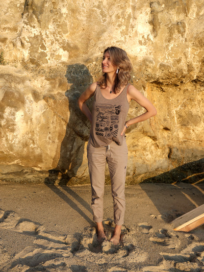 Local Kiddo block‑printed tank with hand‑illustrated Southern California symbols on a sand‑colored cotton blend