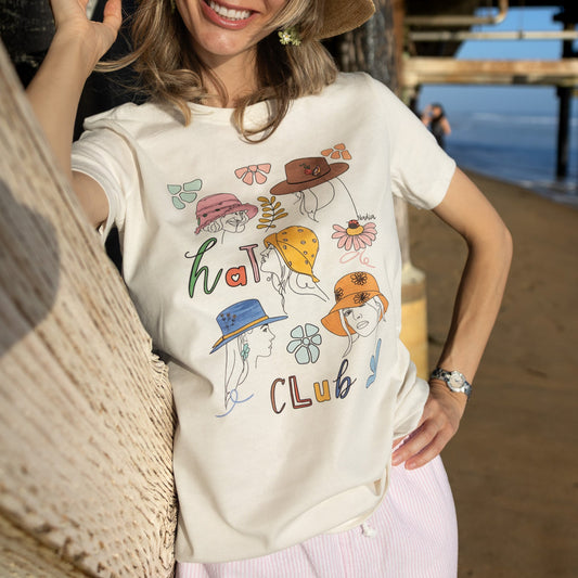 HAT CLUB graphic tee with hand-illustrated design